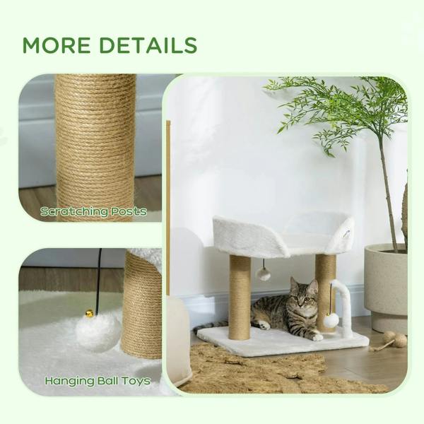 White indoor cat tree with hanging ball toys and two plush-covered scratching posts