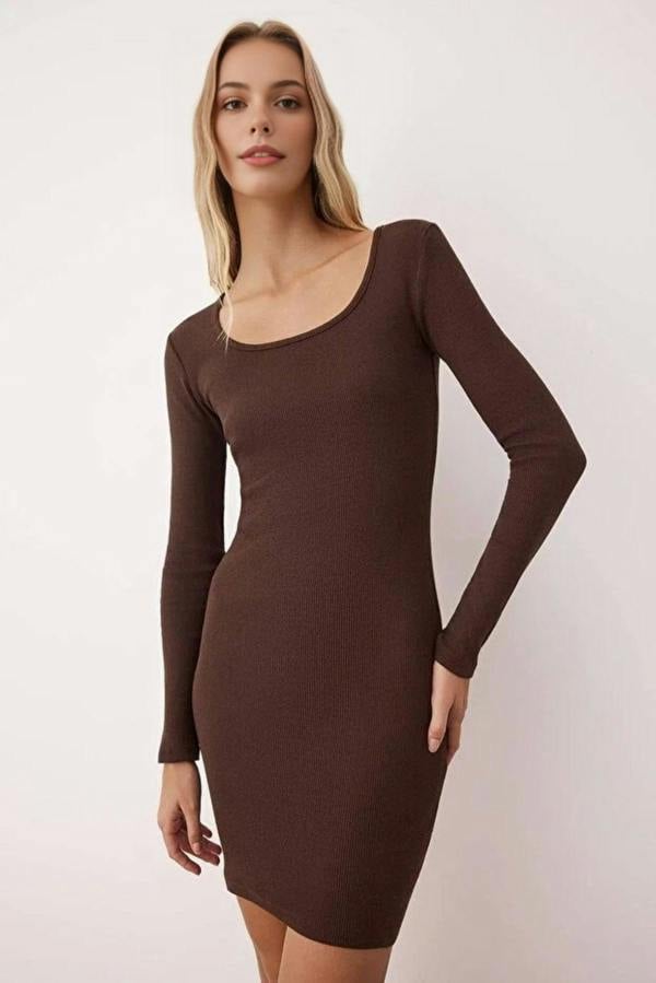 WOVCOR Crew Neck Mini Ribbed Knit Pencil Dress