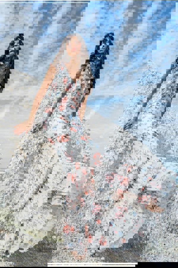 Floral Printed Chiffon Ruffle Maxi - Cream DR3750