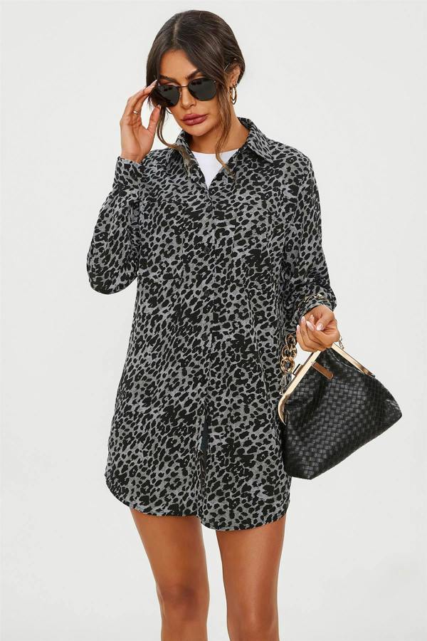 FS Collection Leopard Print Tunic Shirt In Grey Blue