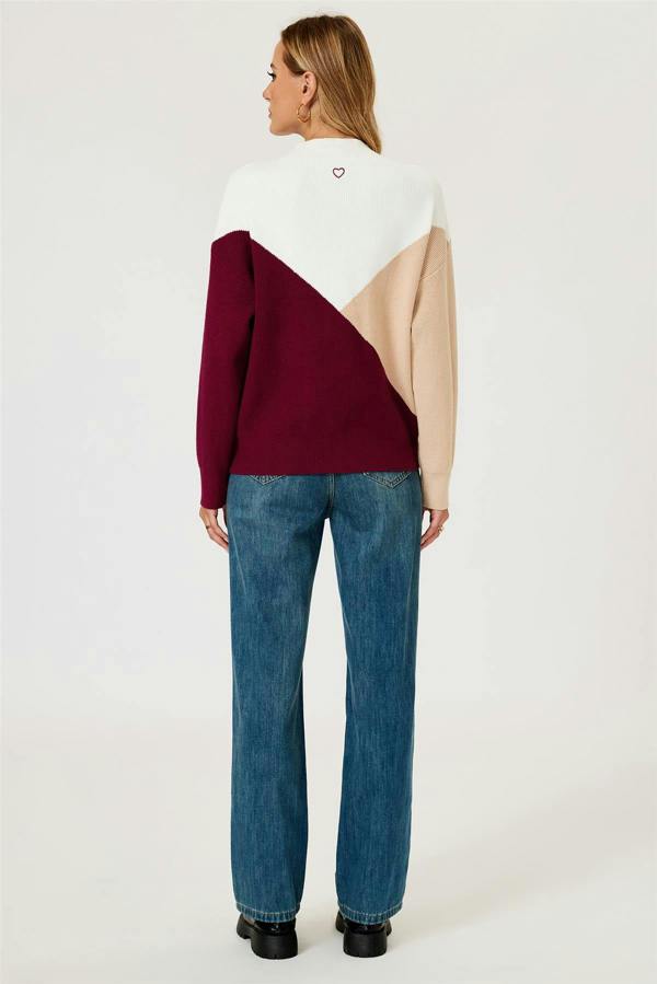 FS Collection Colour Block Jumper Top In Camel & Wine & White