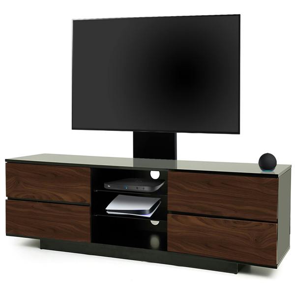 Homeology Avitus Gloss Black with 4-Walnut Drawers and 3-Shelves up to 65" LED/LCD/Plasma TV Stand with Mounting Arm
