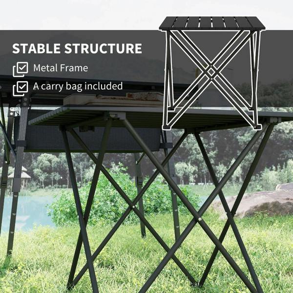 Portable camping table with black metal frame and included carry bag