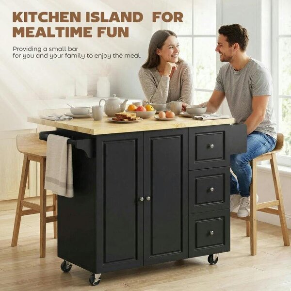 Kitchen Island on Wheels, Rolling Kitchen Storage Trolley with Drop Leaf, Drawers, Towel and Spice Rack, Black