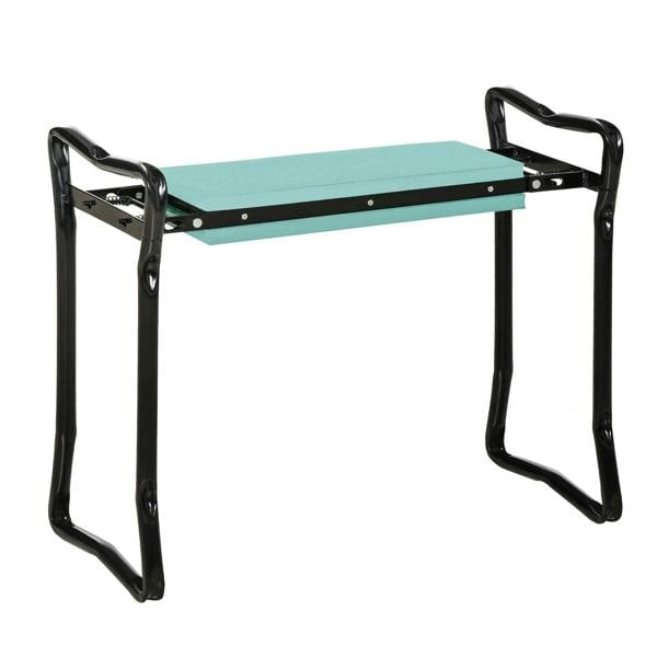 Foldable garden kneeler seat with dark green cushioned pad and black metal frame