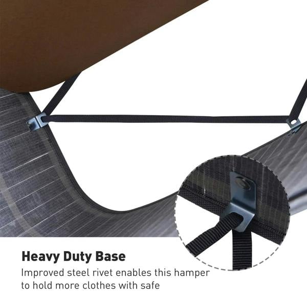 Grey laundry hamper with reinforced base and adjustable webbing straps