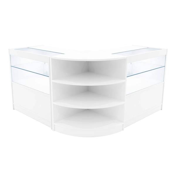 White Andromeda LED shop counter set featuring a sleek, curved design with glass display shelves and modern LED lighting