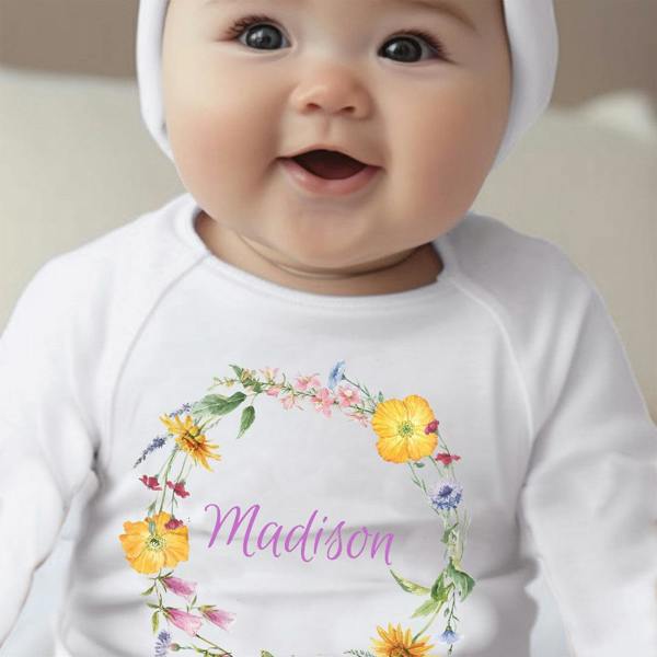 Personalised Colourful Flowers Baby Grow, Vest or Bib with Name