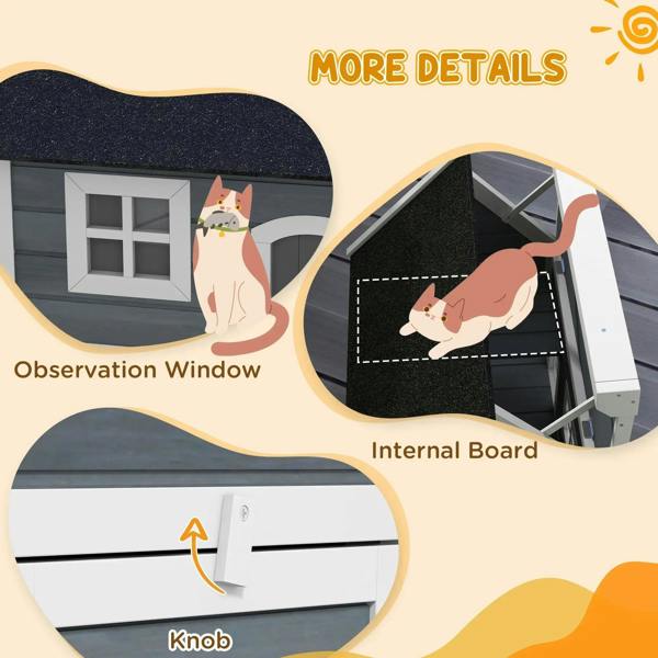 Grey cat house with front observation window and interior board behind opening