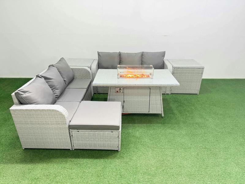 Fimous 7 Seater Wicker Rattan Garden Furniture Patio Set, Firepit Table, High Back Lounge Sofa, Big Footstool, 2 Side Table, Light Grey