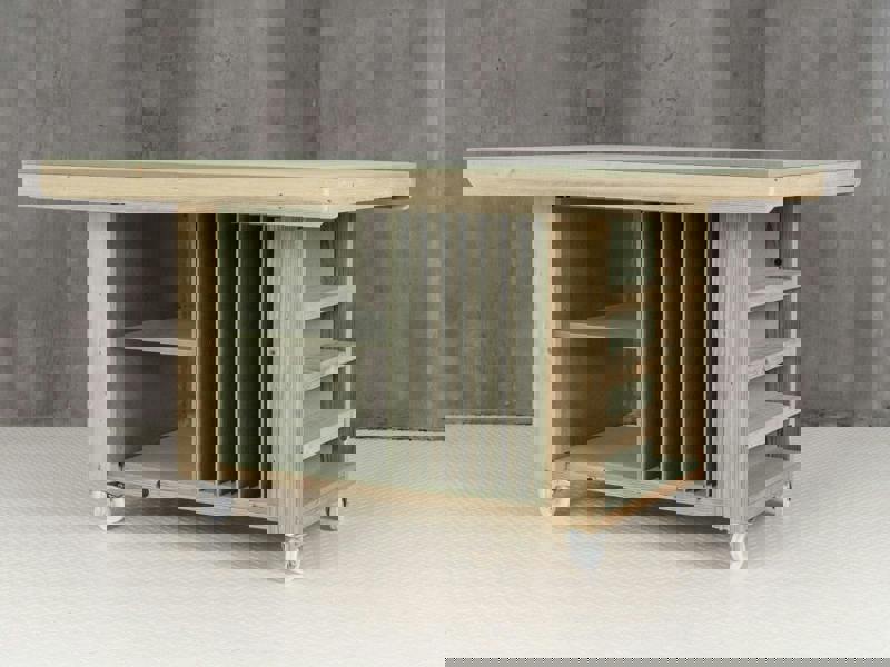 Art/Craft Project Workbench with Storage V.3 features a durable, moisture-resistant 18mm MDF top, ideal for creative projects and precision work. This design includes 7 vertical sections on one side for organizing materials and a double shelf on the other for versatile storage options