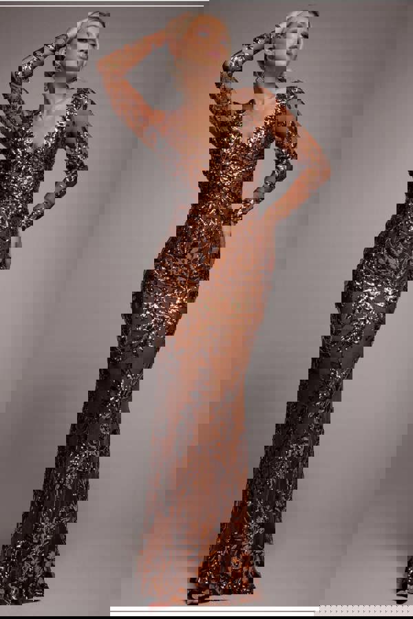Sequin Leaf Long Sleeve Maxi Dress - Bronze DR4359