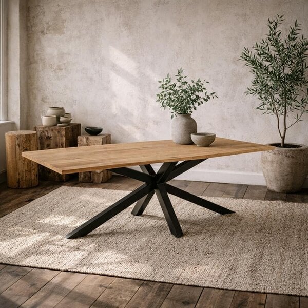 Wyld Haus Perth 220cm Natural Oak Veneer Rectangular Dining Table Industrial Black Metal Legs
