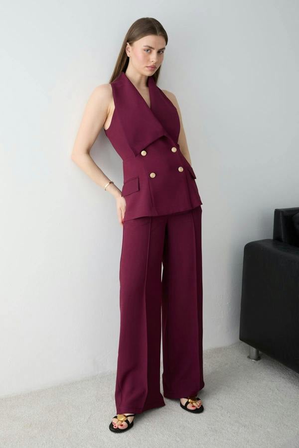 2-Piece Button Detail Sleeveless Waistcoat Wide Leg Trouser Co-ord
