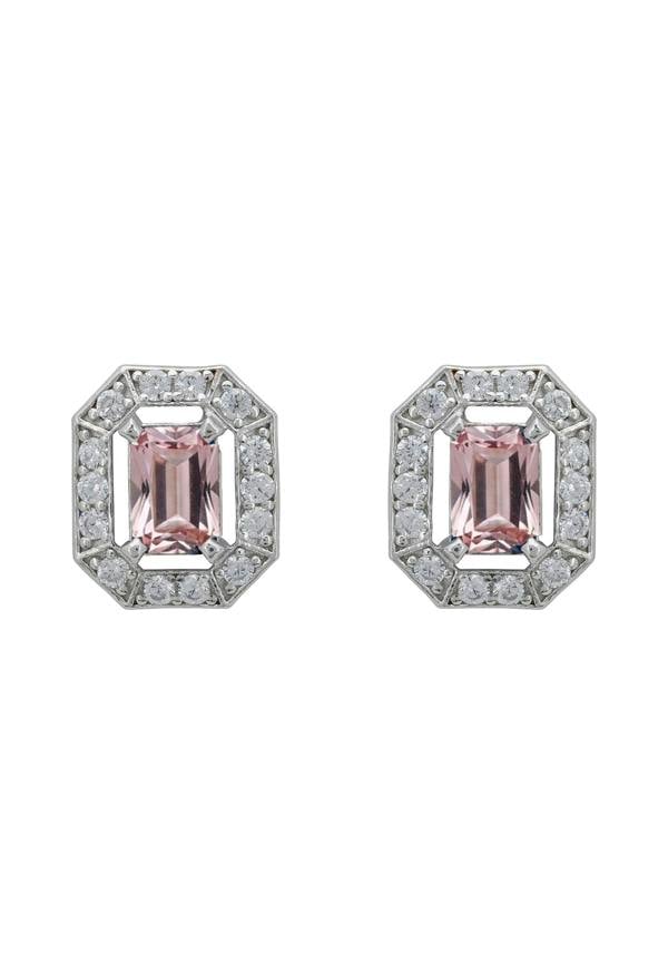 Pair of pink gemstone earrings with silver and clear stone accents on a white background