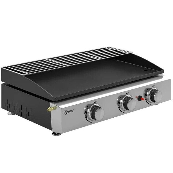 Bobobiy 3 Burner Grill Griddle, Portable Gas Plancha with Warming Rack, 7.5 kW, Tabletop Gas BBQ with Grease Cup, Black