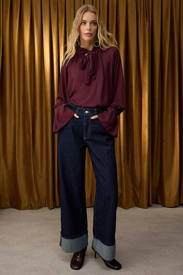 WOVCOR Regular Waist Wide Leg Jeans with Folded Hem