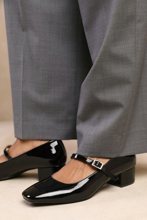 Where's That From Oslo Low Block Heel With Strap and Square Toe in Black Patent