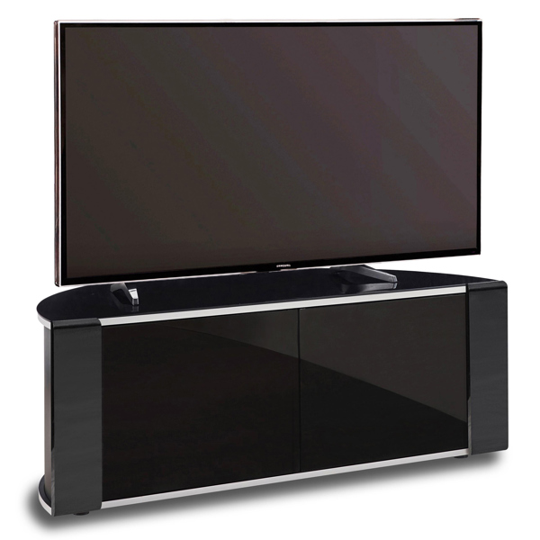 MDA Designs Sirius 850 Remote Friendly BeamThru Glass Door Gloss Black with Silver Trims Cabinet up to 40" LCD/Plasma/LED TV Stand