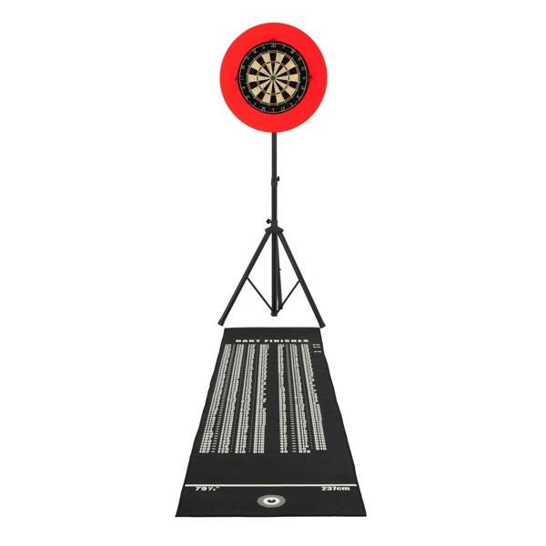 Dart board set featuring a vibrant red surround, a traditional circular board, and a durable black throw mat with scoring lines