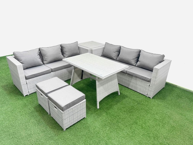 Fimous Rattan Garden Furniture Dining Set 8 seater Patio Rectangular Table 3 Seater Sofa Set with Side Table 2 Small Stools Light Grey