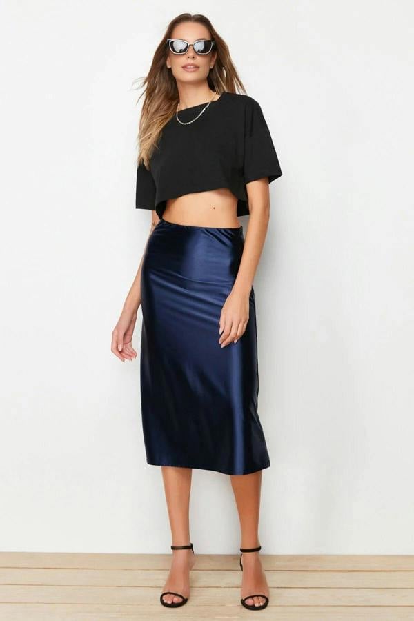 WOVCOR Satin A-Line Midi Knit Skirt