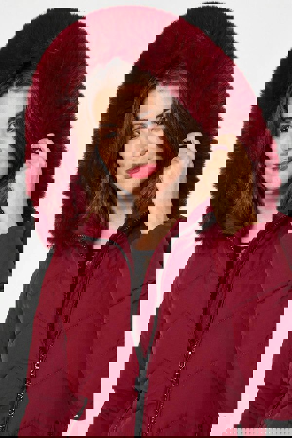 Red | Faux Fur Hood Thigh Length Puffer Jacket
