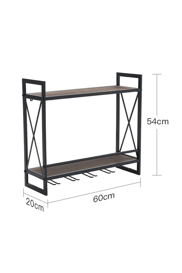 Living and Home 2-Tier Wall-Mounted Hanging Wine Storage Rack Floating Shelf with 5 Glass Holder