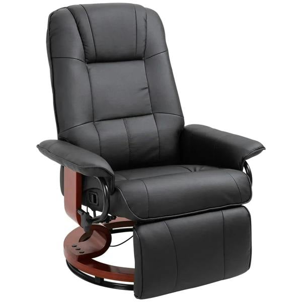 Black reclining swivel chair with footrest, padded armrests and rounded base