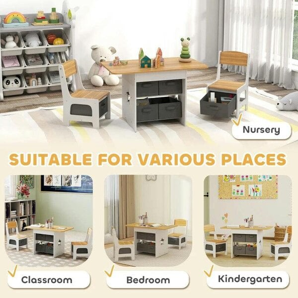 Bobobiy Kids Table and Chair Set, Toddler Table and 2 Chairs Set with 6 Removable Drawers, for Boys Girls Ages 3-8, Natural