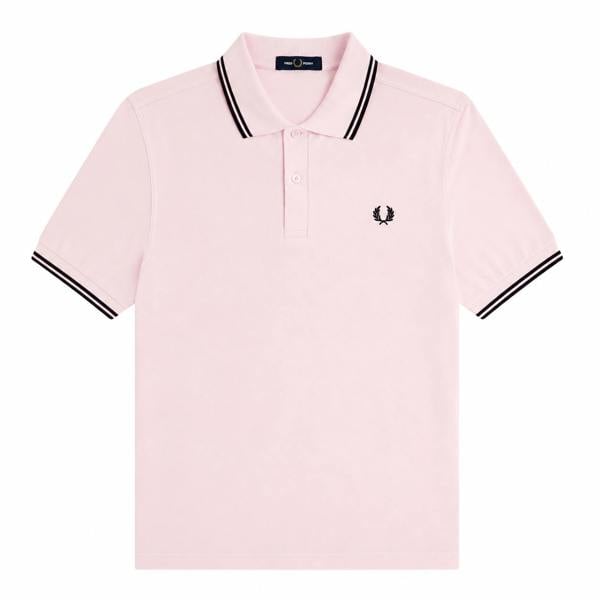 Fred Perry iced pink cotton polo shirt with navy twin tipped collar and cuffs and embroidered laurel wreath logo.