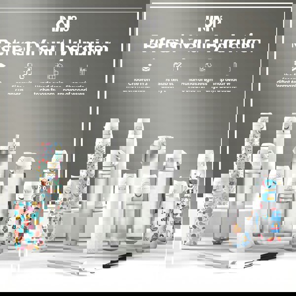 Several water bottles, various sizes and designs, are displayed on a white surface; accessories are also shown. The text reads: ION8 Refresh Your Hydration, Choose from 3 different materials, Sizes to suit any user, Hundreds of designs to choose from, Shop our wide range of accessories.