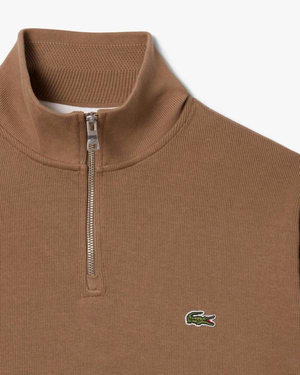 Lacoste Mens Zippered Stand - Up Collar Cotton Sweatshirt - Cookie SIX | CHO | Designer Mens Half Zip Sweatshirts