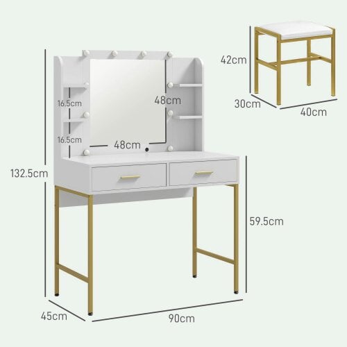 Wyld Haus Doraro White LED Dressing Table With Lighted Mirror Cushioned Stool Drawers And Shelves