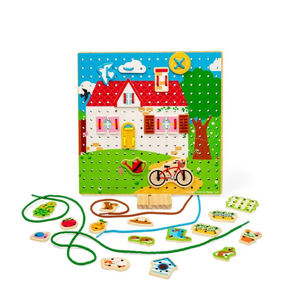 Bigjigs Toys Wooden House Lace-A-Shape Game - 30 Geometric Shape Lacing Cards & 6 Laces