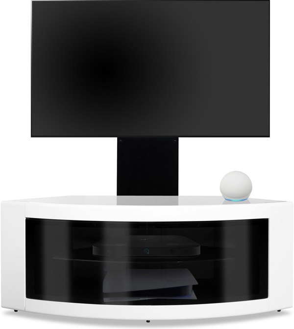 Centurion Supports PANGEA Black/White Beam-Thru Curved True-Corner 32"-50" TV Cabinet with Mounting Arm