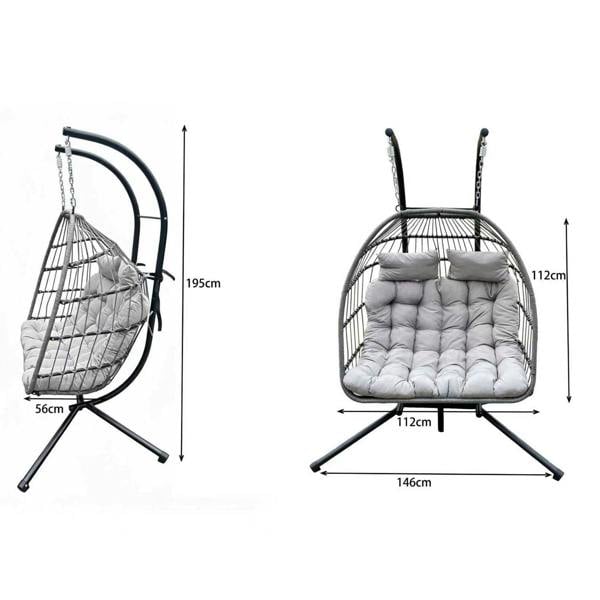 Fimous Indoor Outdoor Hammock Patio Rattan Double Egg Hanging Chair Garden With Grey Thick Cushion