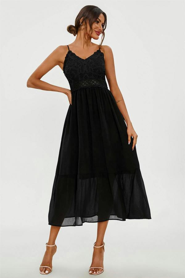 FS Collection Lace Embroidery Anglaise Maxi Slip Dress In Black