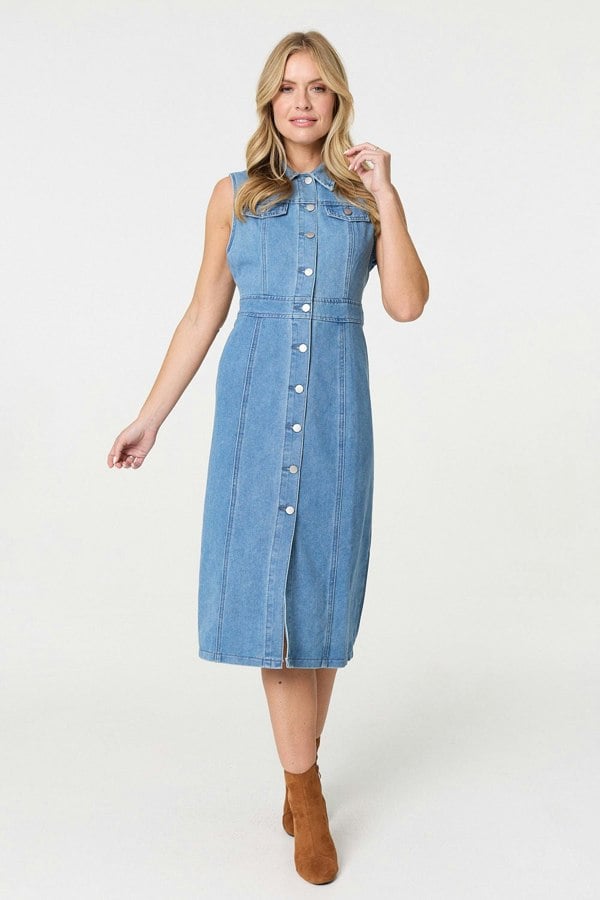 Blue | Denim Button Sleeveless Midi Shirt Dress

