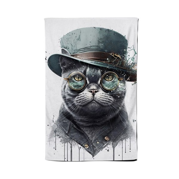 Warren Reed British Shorthair Cat With Glasses Splashart Tea Towel