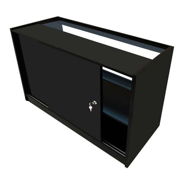 Sleek black LED retail shop counter C1500 with sliding door, glass shelves, and modern design for stylish display and storage