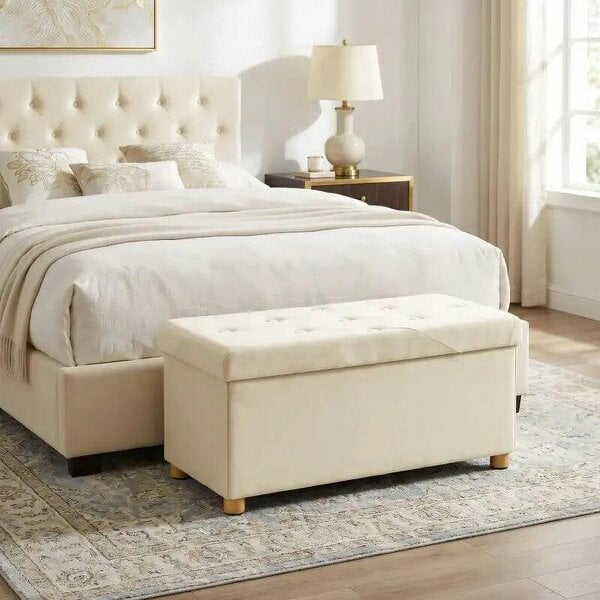 Velvet Upholstered Foldable Ottoman Footrest, Storage Ottoman Bench with Wood Legs for Living Room, Cream White - Cream White