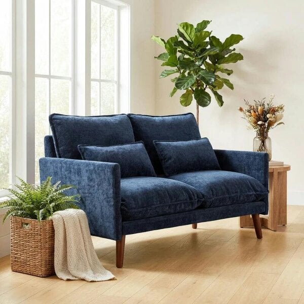 2 Seater Sofa, Loveseat Sofa with Spring Cushions, Wide and Deep Seat, Wood Legs, Blue - Blue