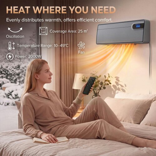 HOMCOM Smart Electric Heater, 2000W Ceramic Wall Mounted, Fan, Grey