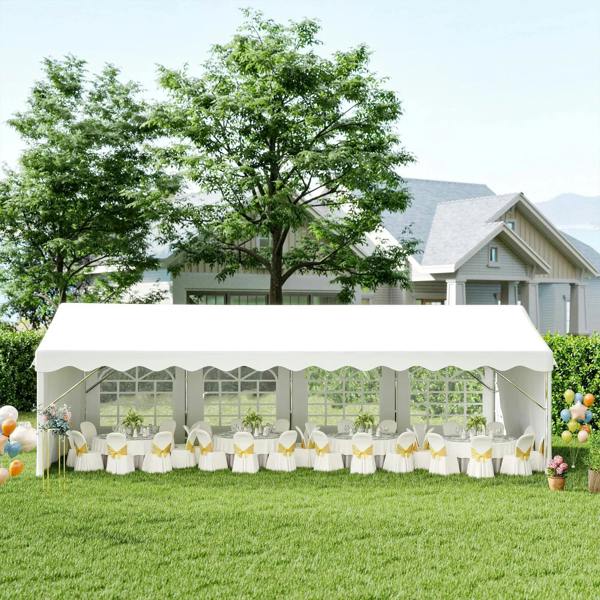 White wedding gazebo tent with zippered side panels and arched window openings