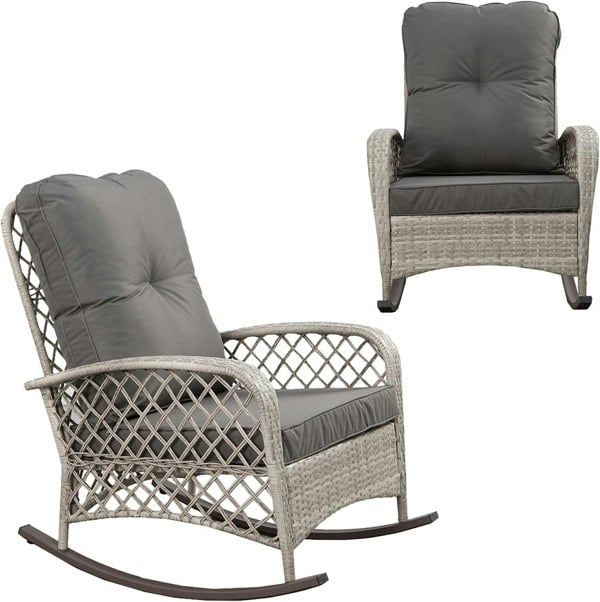 Furniture One Patio Rattan Rocking Chair, Wicker Rocking Armchair with Soft Cushion, All-Weather Steel Frame Relaxer Rocker Chair