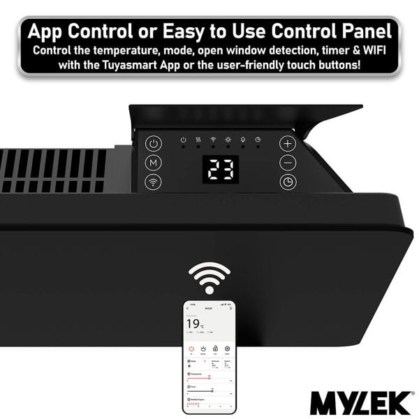 Mylek Radiator Glass Panel Heater Black Slimline, Wifi Enabled Smart APP