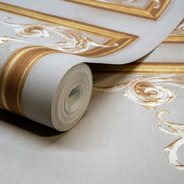 Grandeco Paul Moneypenny Neutral Beige Rococo Plaster Panel Wallpaper for Grandeco