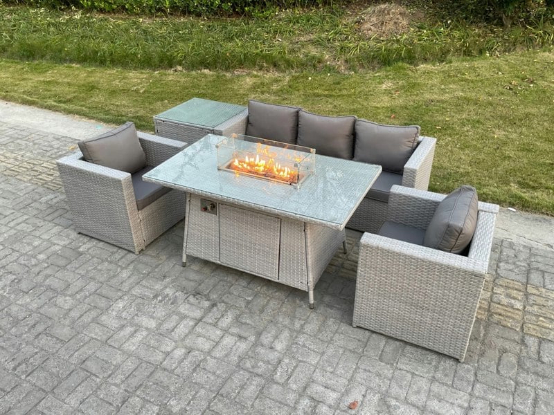 Fimous Light Grey Corner Rattan Garden Furniture Set Gas Fire Pit Dining Set Heater Lounge Sofa Side Coffee Table Armchairs