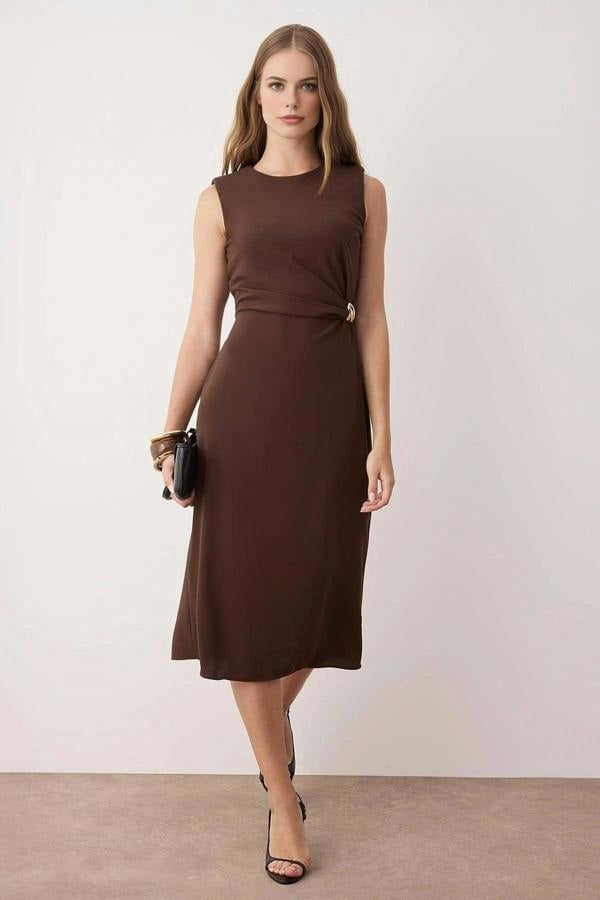 WOVCOR Midi Woven Dress with Accessory Details